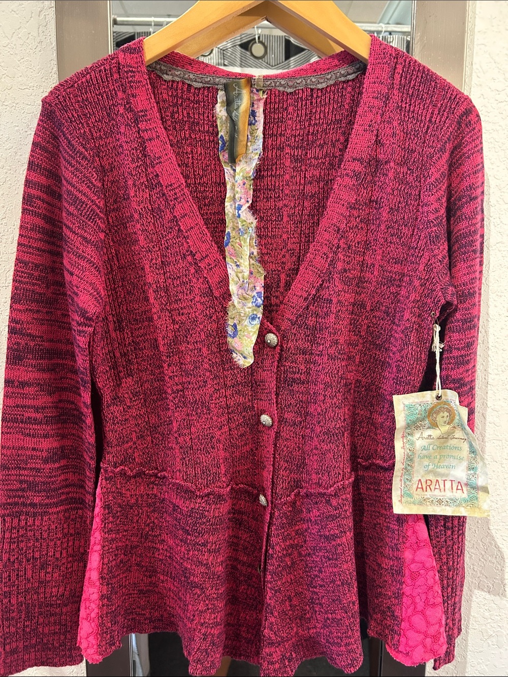 Aratta Raspberry Pink Marled Knit Cardigan with Floral Trim
